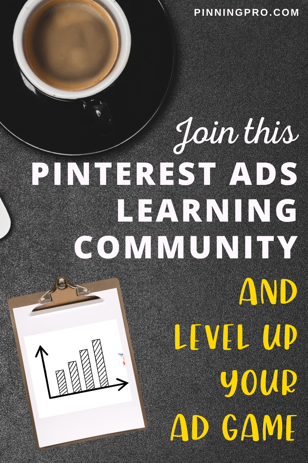 Join this Pinterest ads learning community and level up your ads game laptop on desk with sample pinterest pins